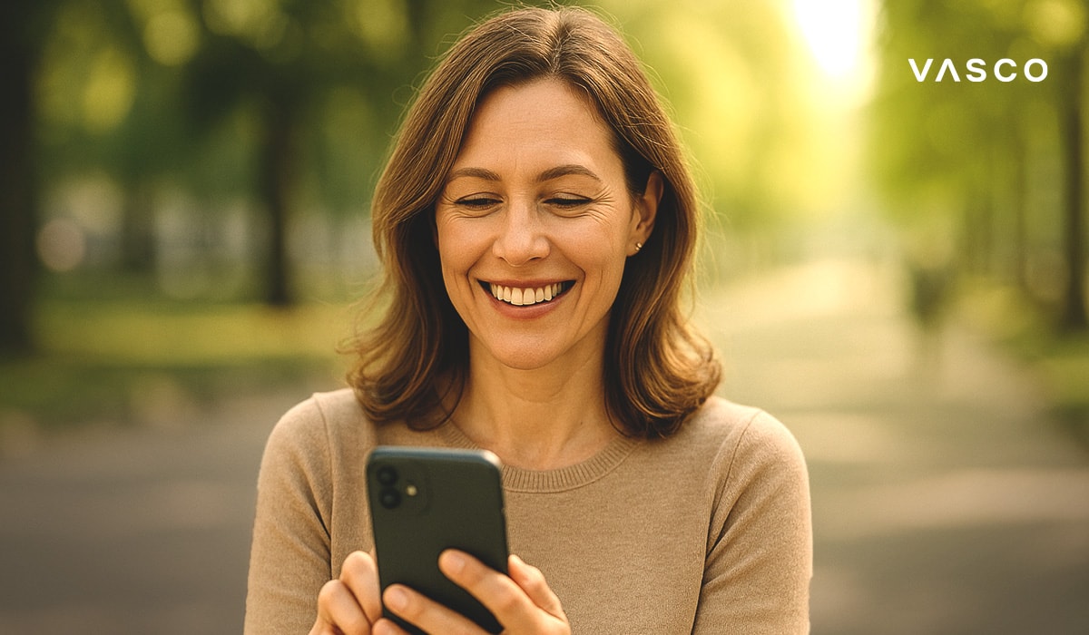 Usměvavá žena se dívá na svůj telefon, zatímco stojí na stezce lemované stromy v parku.