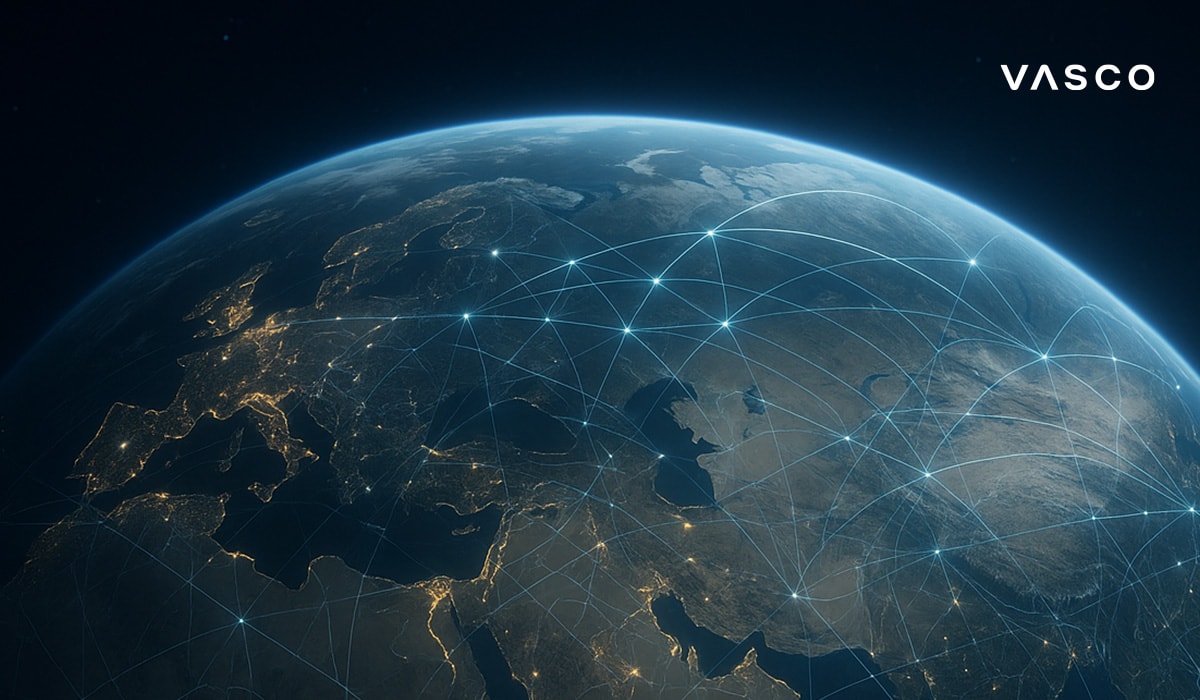 Globální pohled na Zemi s osvětlenými liniemi sítě symbolizujícími konektivitu globální pokrytí Vasco Translator.