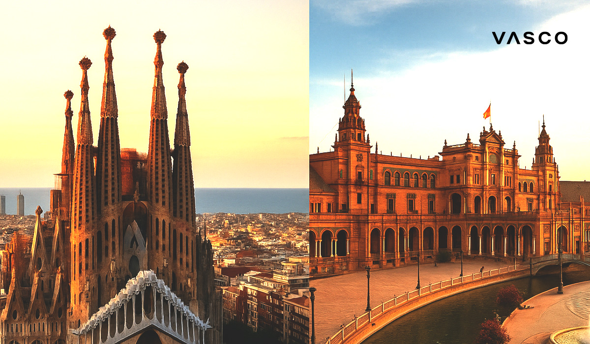 Katalánština: Rozdělený snímek zobrazující barcelonskou Sagrada Família vlevo a sevillské Plaza de España vpravo, zdůrazňující architektonické kontrasty mezi Katalánskem a Andalusií.