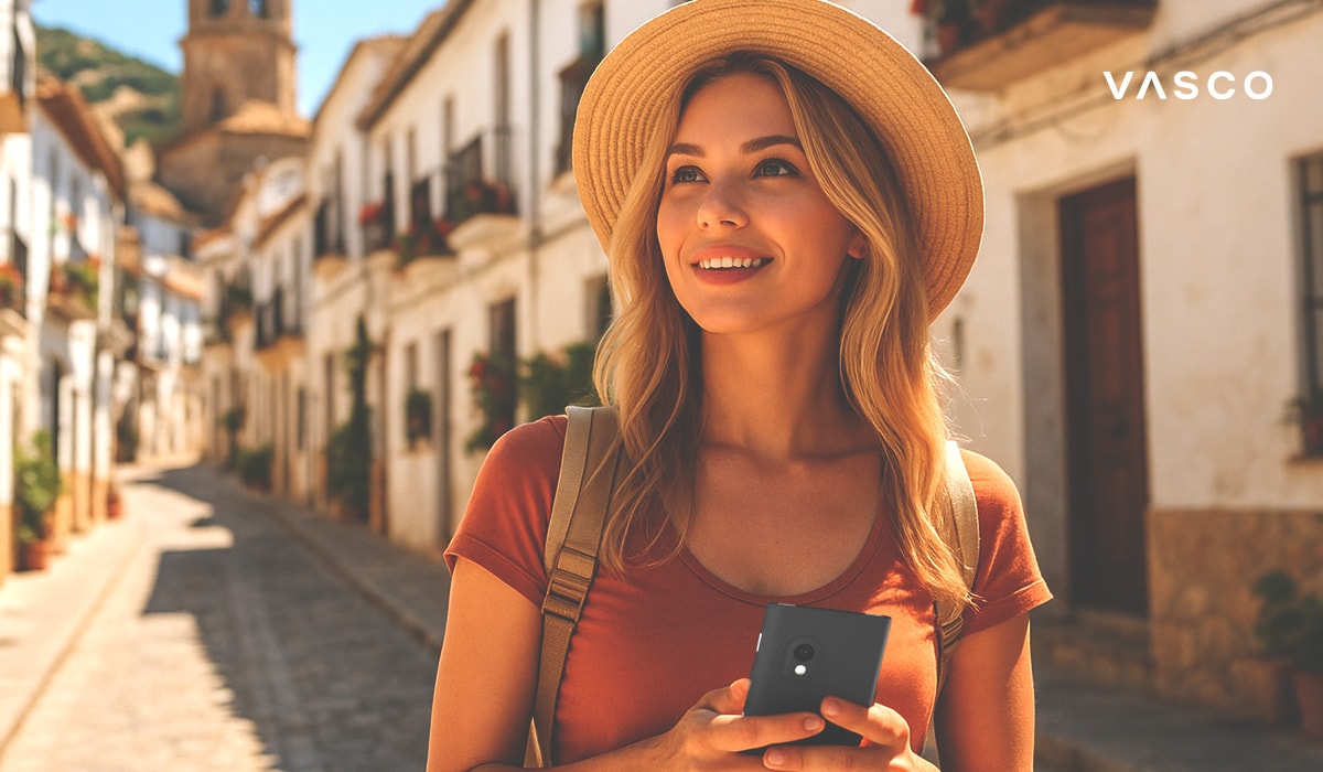 Usmívající se turistka procházející úzkou španělskou ulicí s bílými budovami, držící překladač a má oblečený slaměný klobouk a batoh.