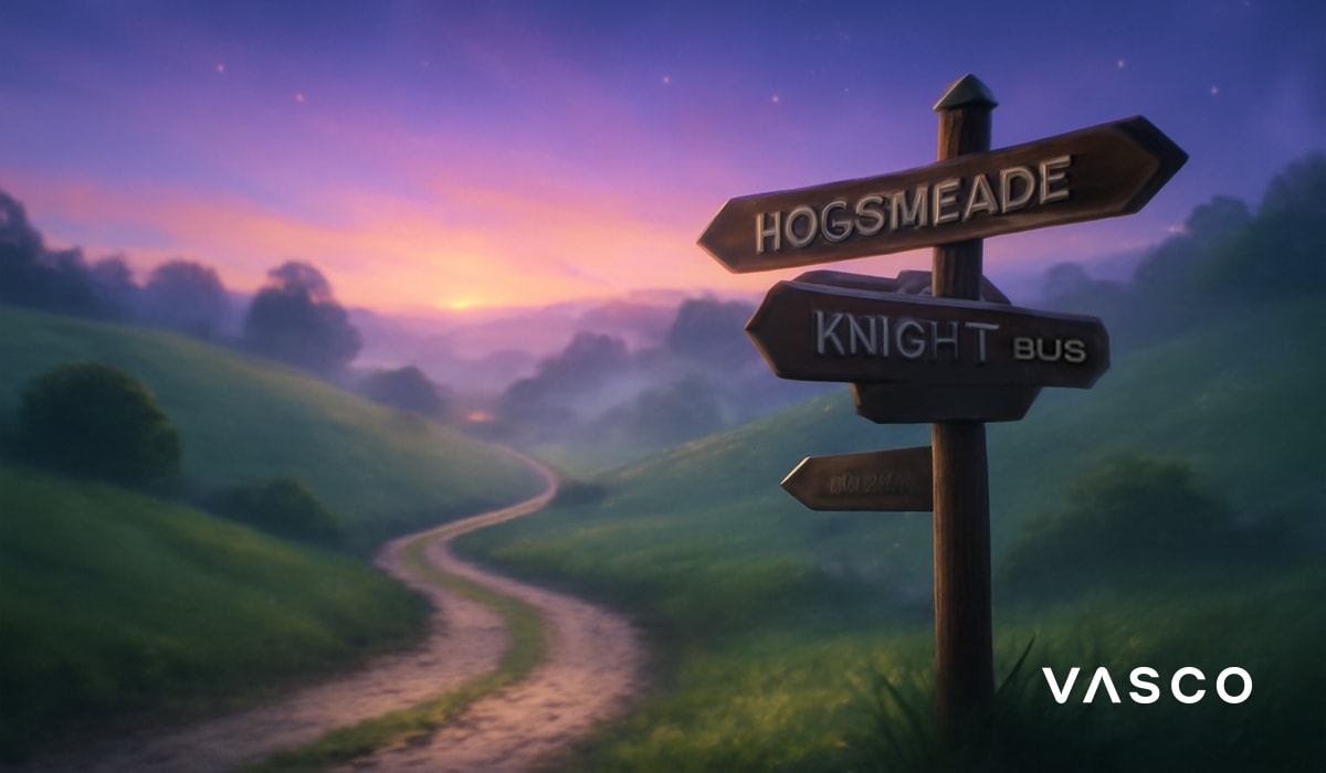 Dřevěný rozcestník na venkovské cestě ukazující směr do Hogsmeade a k Nočnímu autobusu.