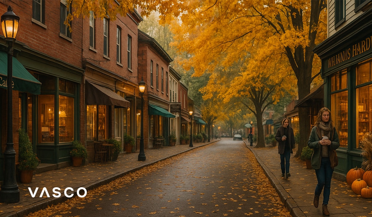 malá útulná městská ulice lemovaná obchůdky a zlatými podzimními stromy