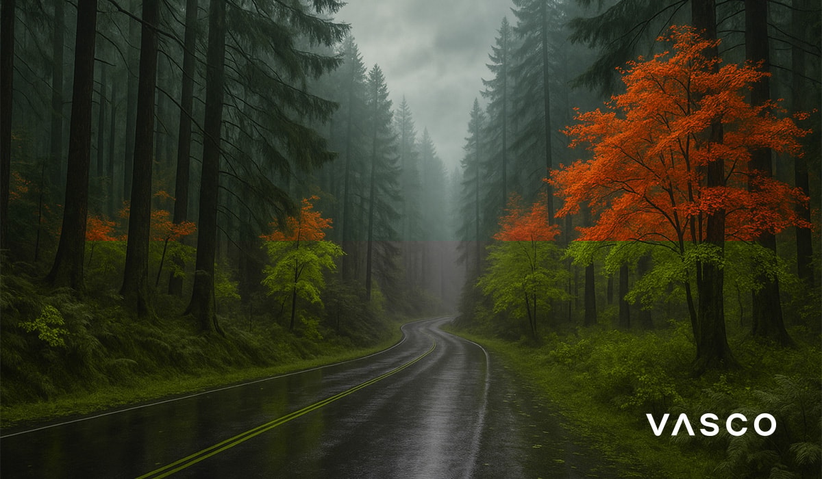 mlhavá lesní cesta s oranžovými podzimními stromy a mokrým chodníkem