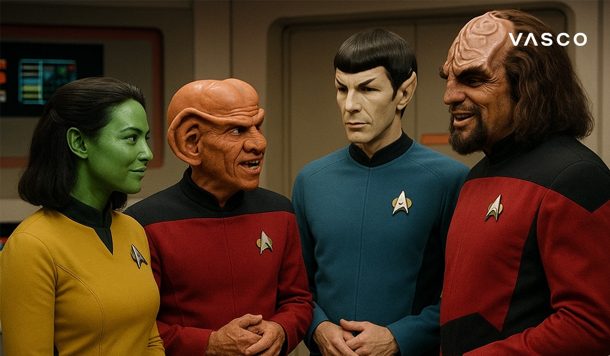 Posádka Hvězdné flotily v barevných uniformách