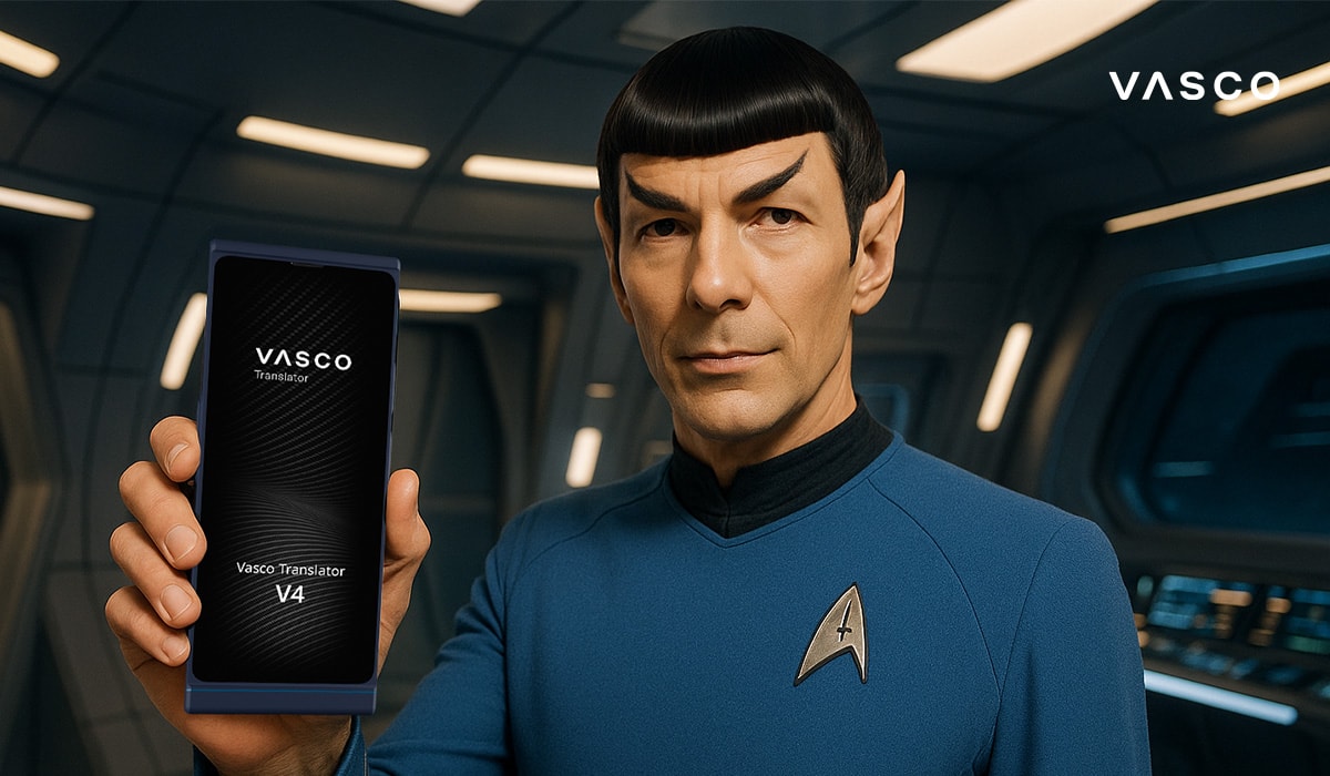 Policista v modré uniformě s překladačem Vasco Translator V4