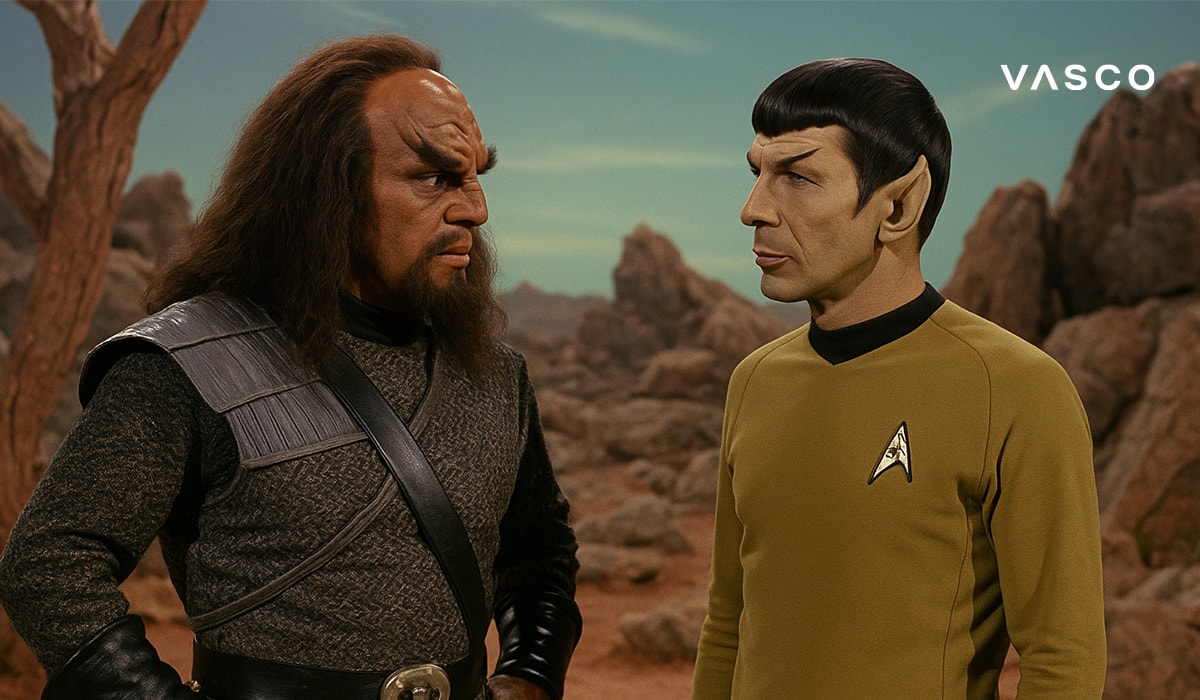 Dva důstojníci hovořící na skalnaté planetě