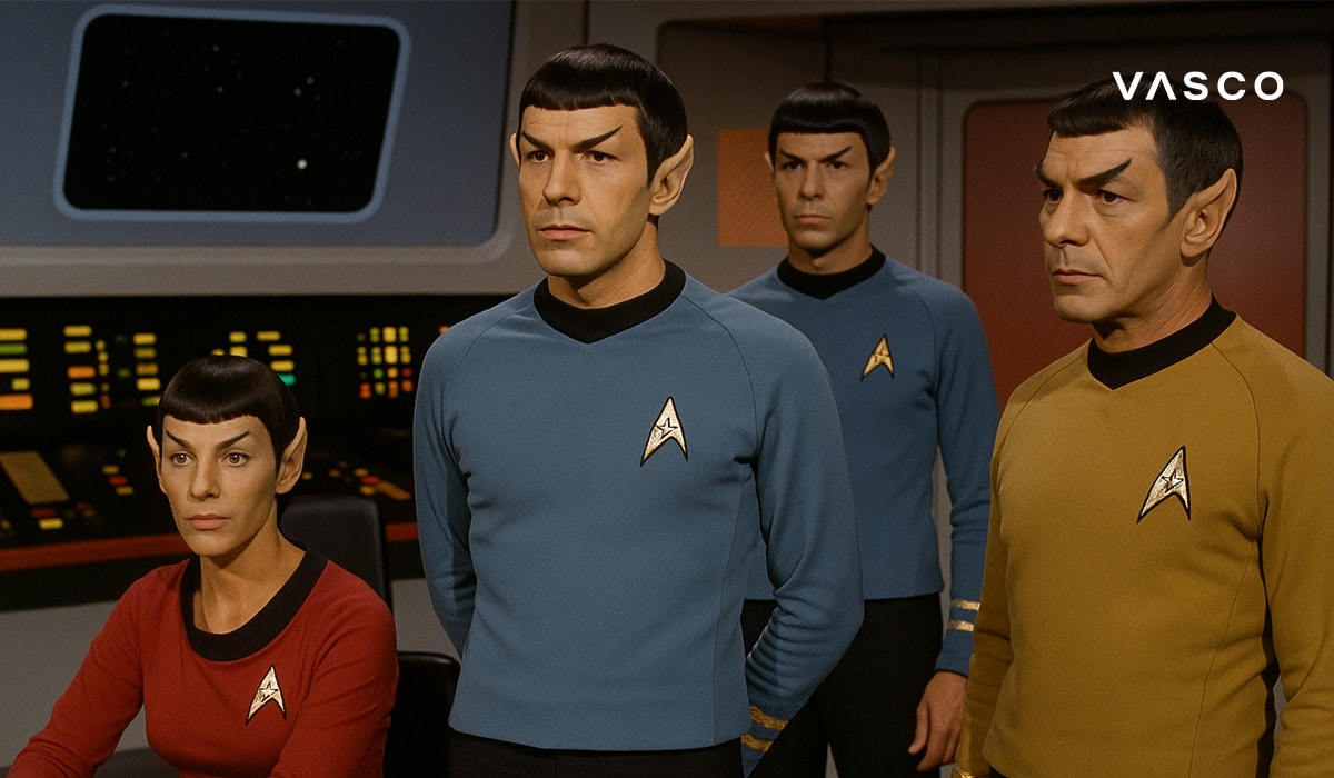 Důstojníci v modro-zlatých uniformách na můstku