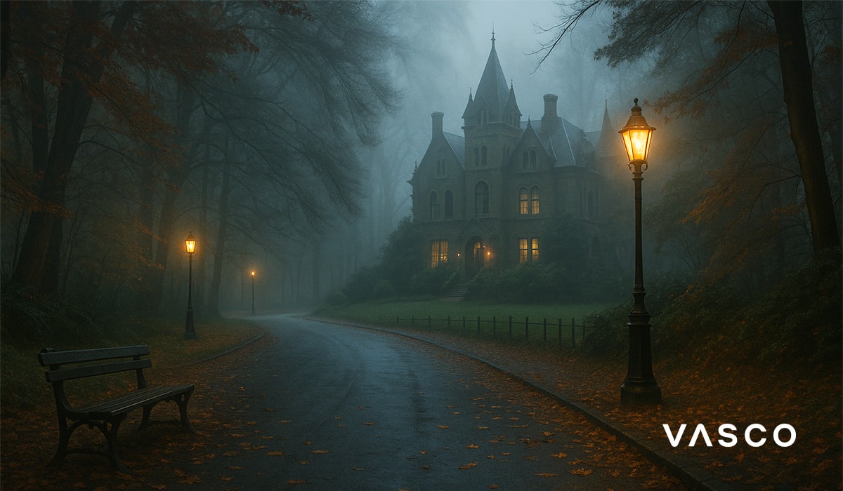 mlhavá cesta vedoucí ke starému gotickému domu v podzimním lese