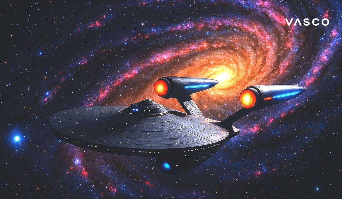 blog-01-uniwersal-star trec Kosmická loď proti zářící galaxii