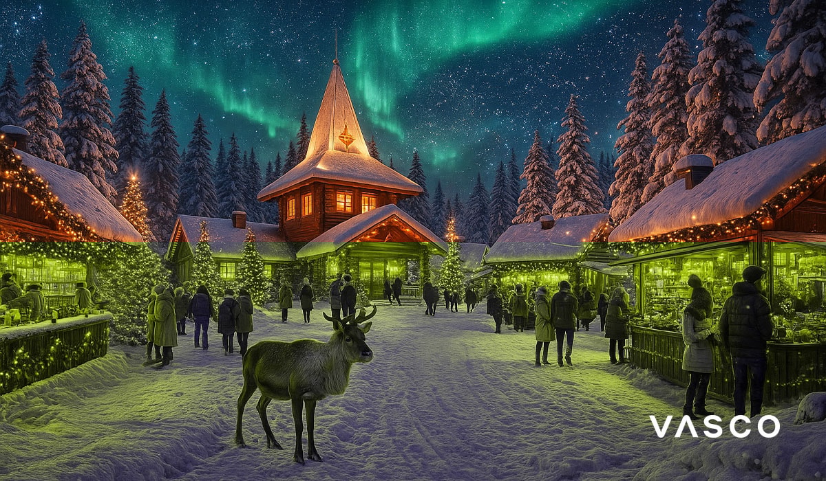 Finské vánoční trhy s dřevěnými chatkami, sobem a polární září