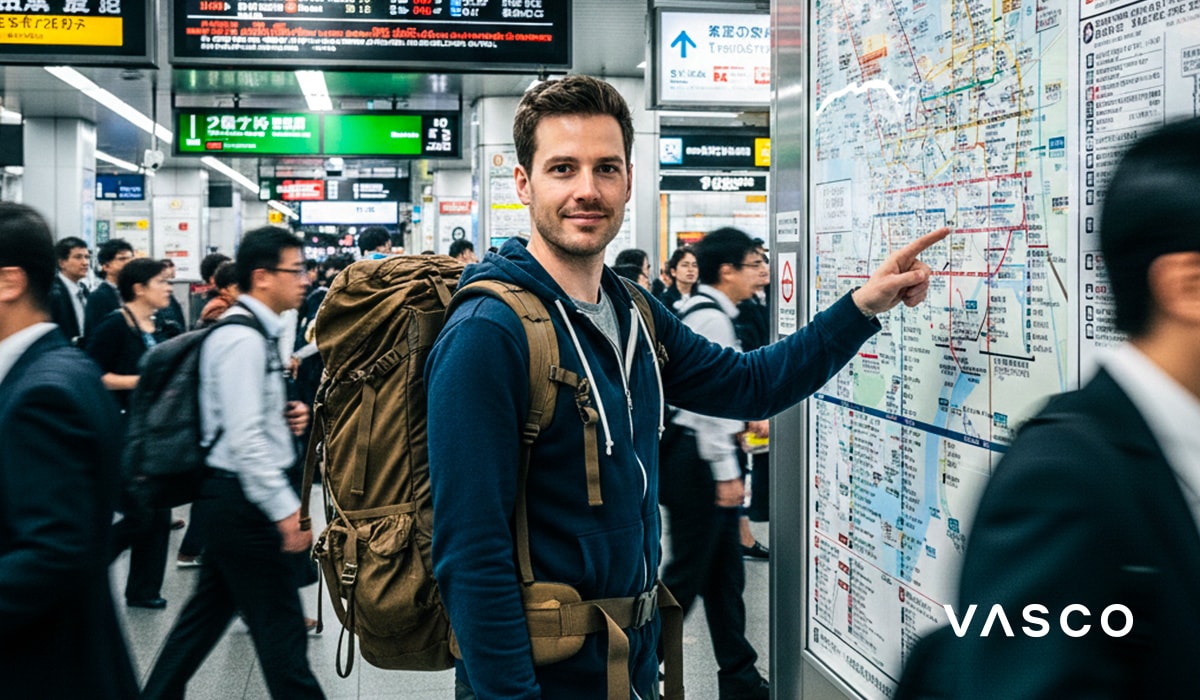 Turista s batohem si prohlíží mapu tokijského metra – orientace v městské dopravě během cesty po Japonsku.