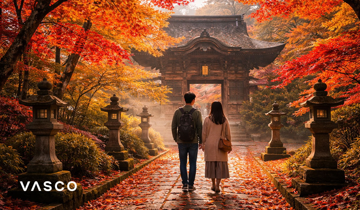 Cestovatelé procházející historickým japonským chrámem během podzimu – podzimní poznávání Kjóta.