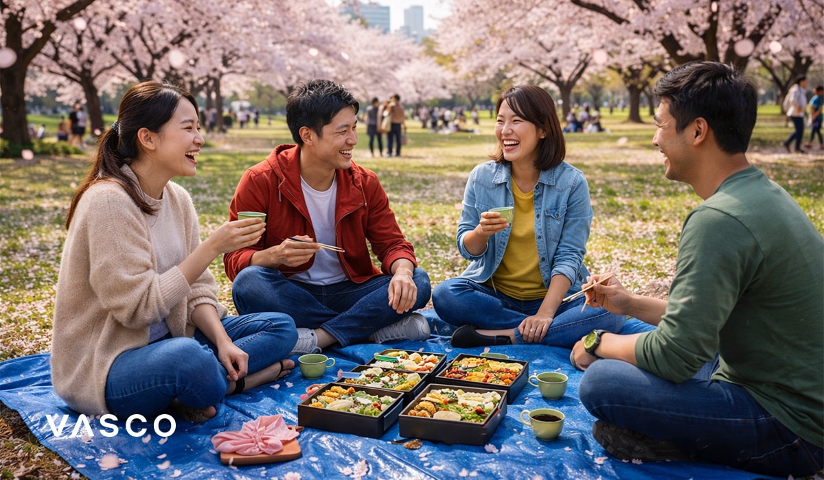 Parta přátel v Japonsku během pikniku.