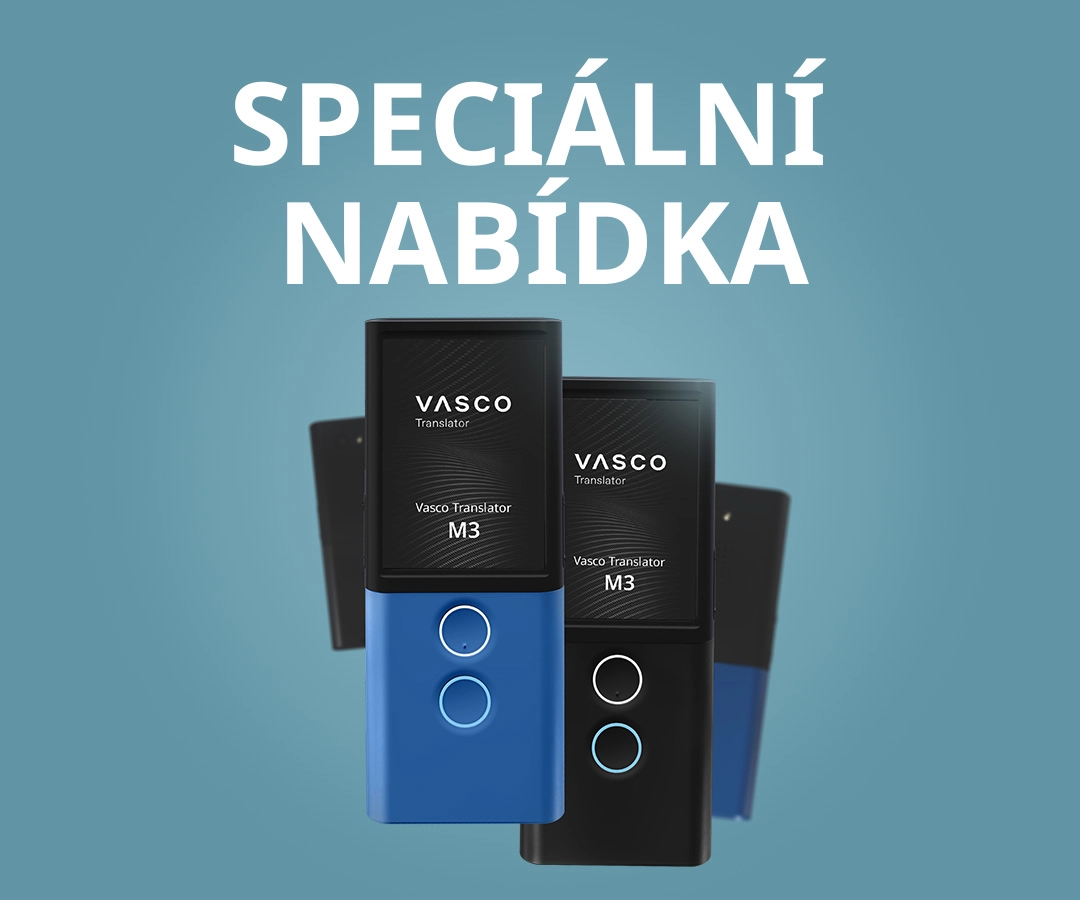 Promotional image of Vasco Translator M3 devices in blue and black on a blue background with the words ‘FINAL SALE’